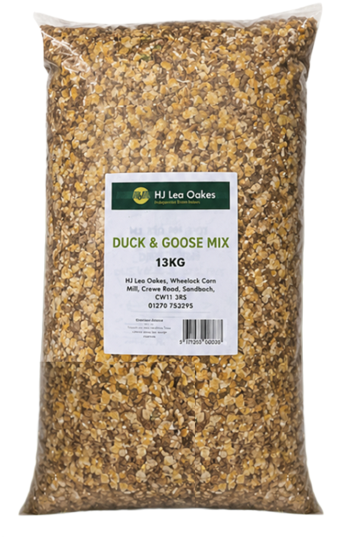 A clear plastic bag containing HJ Lea Oakes Duck & Goose mix 13kg, with a white label on the front with product information